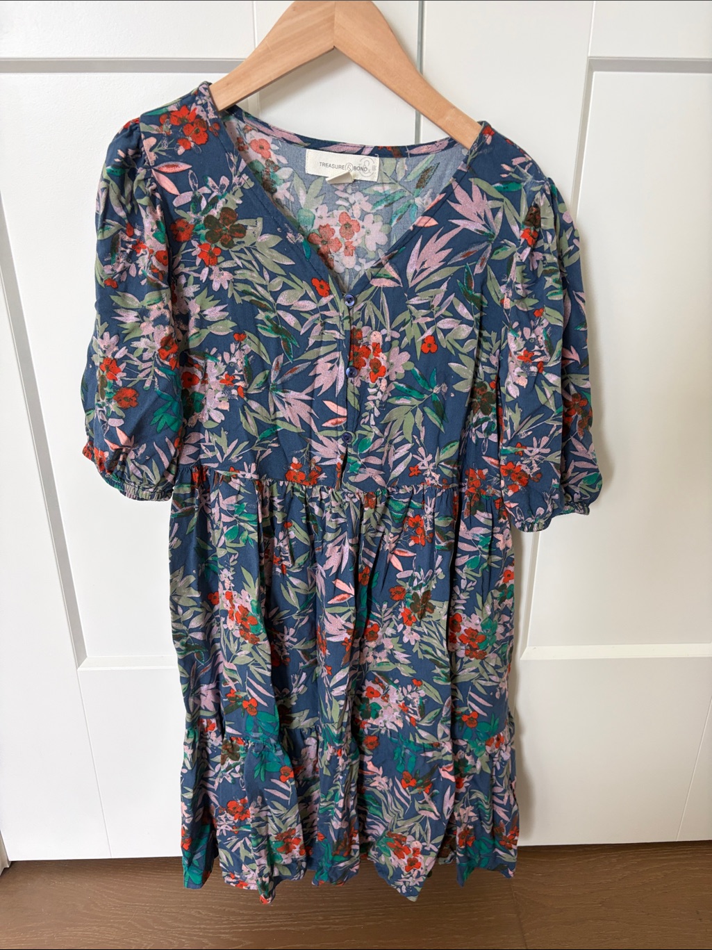 Treasure & Bond Navy Floral Puff-Sleeve Kids Dress